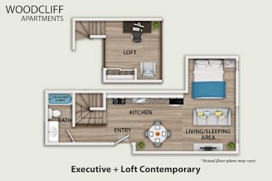 A floor plan for Woodcliff Apartments showing an Executive + Loft Contemporary style apartment.