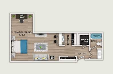 A floor plan of a small apartment with a living/sleeping area, kitchen, bathroom, and entry.