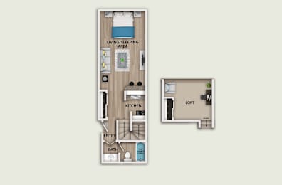 A diagram of a floor plan showing a living/sleeping area, kitchen, loft, entry, and bath.