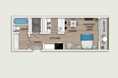 A floor plan of a small apartment with a kitchen, bathroom, dining area, and sleeping area.
