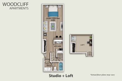 A studio apartment layout with a loft area above the kitchen.
