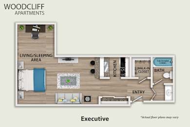 A floor plan of an apartment layout by Woodcliff Apartments.
