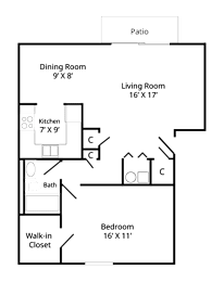 A floor plan of a 1 bedroom accessible apartment with a patio, living room, dining room, kitchen, bath, bedroom, and walk-in closet.