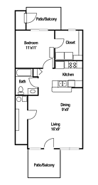 A floor plan of a house with a patio/balcony, bedroom, bathroom, kitchen, dining area, living room, and closet.