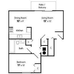 A floor plan of a one bedroom apartment with a living room, dining room, kitchen, bathroom, and bedroom.