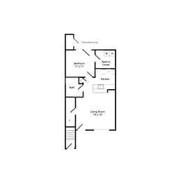 Floor plan of a one-bedroom apartment at chapelgate apartments, featuring a bedroom, bathroom, kitchen, living/dining area, and a private balcony or patio.