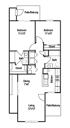 A floor plan of a house with two bedrooms, a living area, a dining area, a kitchen, and two bathrooms.