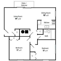 A floor plan of a two bedroom apartment with a living room, dining room, kitchen, bathroom and two bedrooms.
