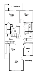 A floor plan of a house with a living room, two bedrooms, a bathroom, a kitchen, a dining room, and a patio/balcony.