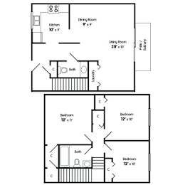 A floor plan of a three bedroom townhome with a living room, dining room, kitchen, bathroom and three bedrooms.
