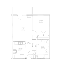 A floor plan of a house with labeled rooms including a living room, kitchen, bathroom, and hall.