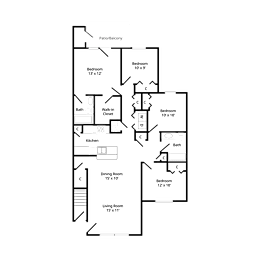 Floor plan of a four-bedroom apartment at chapelgate apartments, featuring a bedrooms, bathroom, kitchen, living/dining area, and a private balcony or patio.