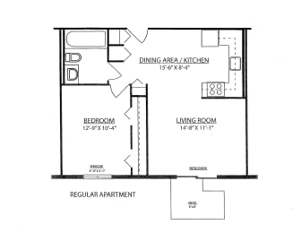 Apartment plan with a tub for a 1 bedroom apartment in Shelbyville