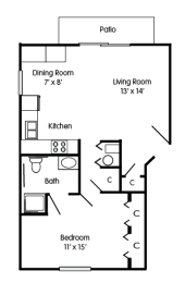 the floor plan of a bedroom apartment with a dining room and a living room