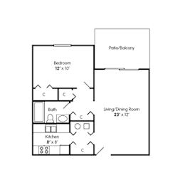 A floor plan of a small apartment with a living room, dining room, kitchen and bath.