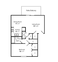 A floor plan of a small apartment with a kitchen, living room, dining room, and bathroom.