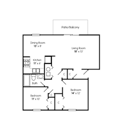 A floor plan of a home with a living room, dining room, kitchen, and two bedrooms.
