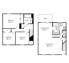 A floor plan of a two bedroom apartment with a living room, dining room, kitchen and bathrooms.