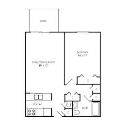 A floor plan of a small apartment with a living/dining room, kitchen, bathroom, and bedroom.
