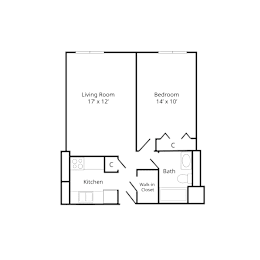 Floor plan of a one-bedroom apartment at Marshall House, featuring a bedroom, bathroom, kitchen, and living area.