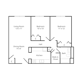 A floor plan of a two-bedroom apartment at Marshall House, featuring a living room, dining room, kitchen, walk-in closet, and two spacious bedrooms.