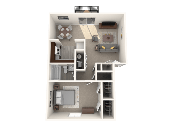 3d rendering of a one bedroom one bath apartment floor plan at Addison on Main