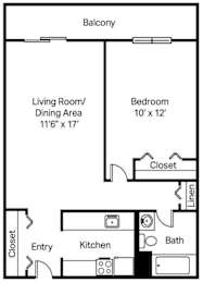 A black and white image of a floor plan for a balcony with a living room, dining area, kitchen, bathroom, and bedroom.