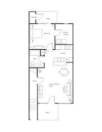 A floor plan of a house with a bedroom, kitchen, living room, and bathroom.