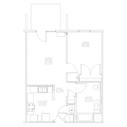 A floor plan of a house with labeled rooms including a living room, kitchen, bathroom, and hall.