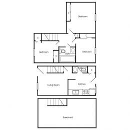 A black and white image of a floor plan for a house with three bedrooms, a living room, a kitchen, and a basement.