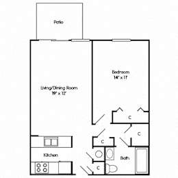 A floor plan of a small apartment with a living/dining room, kitchen, bedroom, and bathroom.