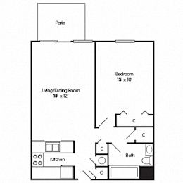 A floor plan of a small apartment with a living/dining room, kitchen, bedroom, and bathroom.