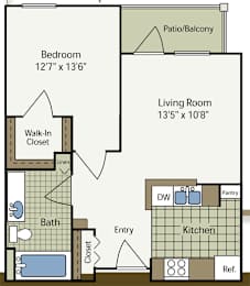 A floor plan of a small apartment with a bedroom, living room, kitchen, bathroom, and walk-in closet.