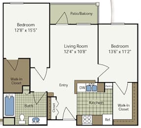 A floor plan of a home with a living room, two bedrooms, a bathroom, a kitchen, and a patio/balcony.