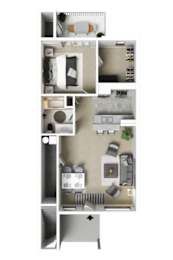 A floor plan of a small apartment with a kitchen, living room, and bedroom.