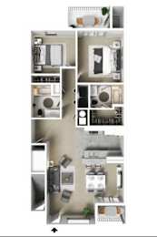 A floor plan of an apartment with a kitchen, living room, and two bedrooms.