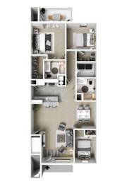 A floor plan of an apartment with a kitchen, living room, and three bedrooms.