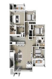 A floor plan of an apartment with a kitchen, living room, and four bedrooms.