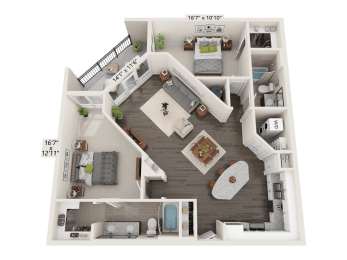 Emerald Two Bed Two Bath 3D floor plan at Quarry at River North Apartments, Indianapolis, IN 46240