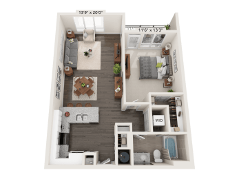 Granite 1 Bed 1 Bath 3D floor plan at Quarry at River North Apartments, Indianapolis, 46240