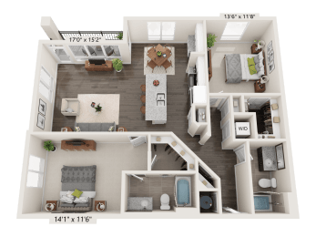 Limestone Two Bed Two Bath 3D floor plan at Quarry at River North Apartments, Indianapolis, IN