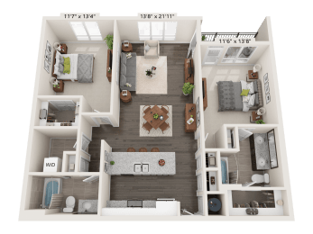Onyx Two Bed Two Bath 3D floor plan at Quarry at River North Apartments, Indiana