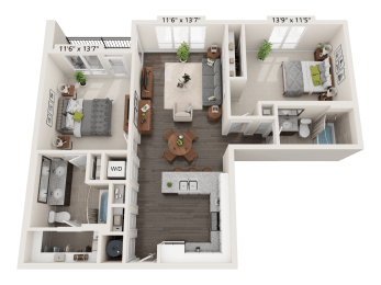 Ruby Two Bed Two Bath 3D floor plan at Quarry at River North Apartments, Indiana 46240