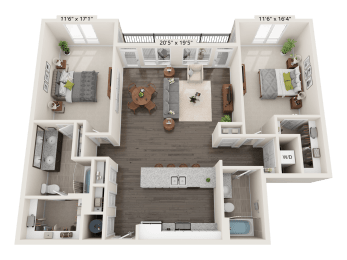 Sapphire Two Bed Two Bath 3D floor plan at Quarry at River North Apartments, Indianapolis, Indiana