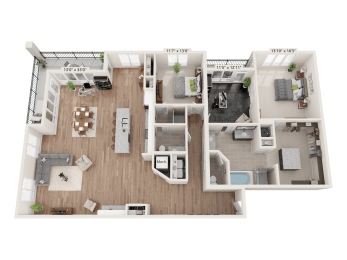 South Penthouse 2 Bed 2 Bath 3D floor plan at Quarry at River North Apartments, Indiana