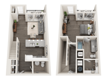 Topaz 1 Bed 1.5 Bath 3D floor plan at Quarry at River North Apartments, Indianapolis, Indiana