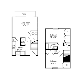 A floor plan of a small apartment with a living room, kitchen, and two bedrooms.