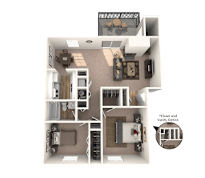 A detailed 3D floor plan of a small apartment with a kitchen, living room, and bedroom.