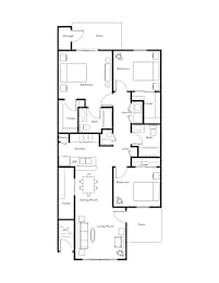 A floor plan of an apartment with a living room, dining room, kitchen, two bedrooms, a bathroom, and storage.
