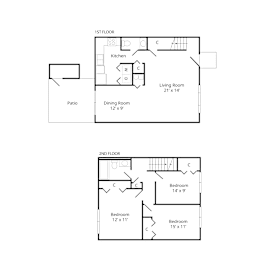 Henderson Court three-bedroom townhome floor plan showing living room, dining area, kitchen, bedrooms, bathrooms, and closet.